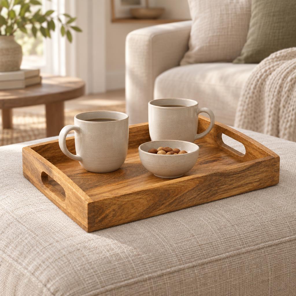 Mango wood serving tray styled on a coffee table