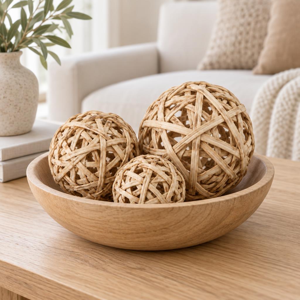Set of three woven wicker decorative balls in a bowl