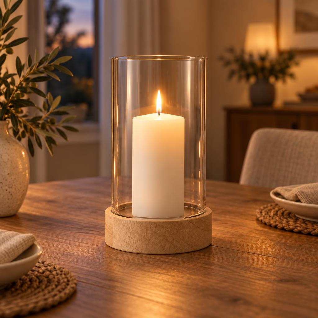 Wood and glass hurricane candle holder in a calm living room