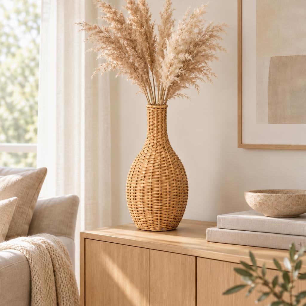 Handwoven rattan bottle vase with dried stems on a shelf